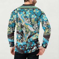 Japanese Hawaiian Crane Button Sweatshirt Blue Tapa Patchwork Pattern LT9 - Polynesian Pride