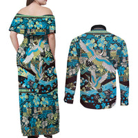 Japanese Hawaiian Crane Couples Matching Off Shoulder Maxi Dress and Long Sleeve Button Shirt Blue Tapa Patchwork Pattern LT9 - Polynesian Pride