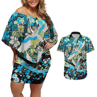 Japanese Hawaiian Crane Couples Matching Off Shoulder Short Dress and Hawaiian Shirt Blue Tapa Patchwork Pattern LT9 Blue - Polynesian Pride