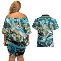 Japanese Hawaiian Crane Couples Matching Off Shoulder Short Dress and Hawaiian Shirt Blue Tapa Patchwork Pattern LT9 - Polynesian Pride