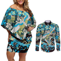 Japanese Hawaiian Crane Couples Matching Off Shoulder Short Dress and Long Sleeve Button Shirt Blue Tapa Patchwork Pattern LT9 Blue - Polynesian Pride