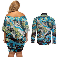 Japanese Hawaiian Crane Couples Matching Off Shoulder Short Dress and Long Sleeve Button Shirt Blue Tapa Patchwork Pattern LT9 - Polynesian Pride