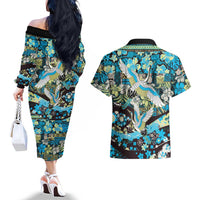 Japanese Hawaiian Crane Couples Matching Off The Shoulder Long Sleeve Dress and Hawaiian Shirt Blue Tapa Patchwork Pattern LT9 - Polynesian Pride