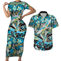 Japanese Hawaiian Crane Couples Matching Short Sleeve Bodycon Dress and Hawaiian Shirt Blue Tapa Patchwork Pattern LT9 Blue - Polynesian Pride