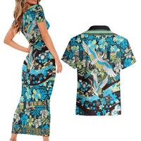 Japanese Hawaiian Crane Couples Matching Short Sleeve Bodycon Dress and Hawaiian Shirt Blue Tapa Patchwork Pattern LT9 - Polynesian Pride