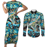 Japanese Hawaiian Crane Couples Matching Short Sleeve Bodycon Dress and Long Sleeve Button Shirt Blue Tapa Patchwork Pattern LT9 Blue - Polynesian Pride