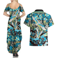 Japanese Hawaiian Crane Couples Matching Summer Maxi Dress and Hawaiian Shirt Blue Tapa Patchwork Pattern LT9 - Polynesian Pride