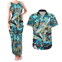 Japanese Hawaiian Crane Couples Matching Tank Maxi Dress and Hawaiian Shirt Blue Tapa Patchwork Pattern LT9 Blue - Polynesian Pride