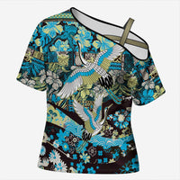 Japanese Hawaiian Crane Cross Shoulder Shirt Blue Tapa Patchwork Pattern LT9 Female Blue - Polynesian Pride