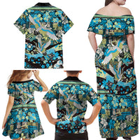 Japanese Hawaiian Crane Family Matching Off Shoulder Maxi Dress and Hawaiian Shirt Blue Tapa Patchwork Pattern LT9 - Polynesian Pride