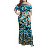 Japanese Hawaiian Crane Family Matching Off Shoulder Maxi Dress and Hawaiian Shirt Blue Tapa Patchwork Pattern LT9 Mom's Dress Blue - Polynesian Pride