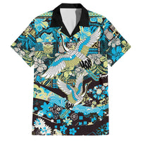 Japanese Hawaiian Crane Family Matching Off Shoulder Short Dress and Hawaiian Shirt Blue Tapa Patchwork Pattern