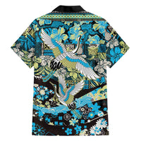 Japanese Hawaiian Crane Family Matching Off Shoulder Short Dress and Hawaiian Shirt Blue Tapa Patchwork Pattern