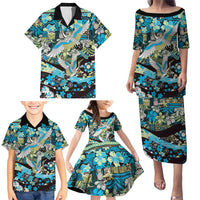 Japanese Hawaiian Crane Family Matching Puletasi and Hawaiian Shirt Blue Tapa Patchwork Pattern LT9 - Polynesian Pride