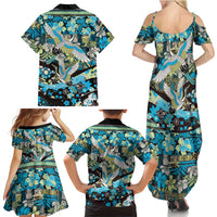 Japanese Hawaiian Crane Family Matching Summer Maxi Dress and Hawaiian Shirt Blue Tapa Patchwork Pattern LT9 - Polynesian Pride