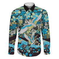 Japanese Hawaiian Crane Family Matching Summer Maxi Dress and Hawaiian Shirt Blue Tapa Patchwork Pattern LT9 Dad's Shirt - Long Sleeve Blue - Polynesian Pride