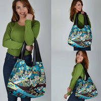 Japanese Hawaiian Crane Grocery Bag Blue Tapa Patchwork Pattern LT9 - Polynesian Pride