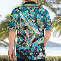 Japanese Hawaiian Crane Hawaiian Shirt Blue Tapa Patchwork Pattern