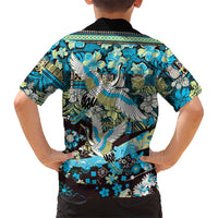 Japanese Hawaiian Crane Hawaiian Shirt Blue Tapa Patchwork Pattern
