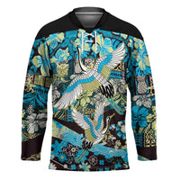 Japanese Hawaiian Crane Hockey Jersey Blue Tapa Patchwork Pattern LT9 Unisex Blue - Polynesian Pride