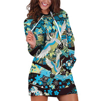 Japanese Hawaiian Crane Hoodie Dress Blue Tapa Patchwork Pattern LT9 Blue - Polynesian Pride