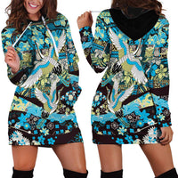 Japanese Hawaiian Crane Hoodie Dress Blue Tapa Patchwork Pattern LT9 - Polynesian Pride