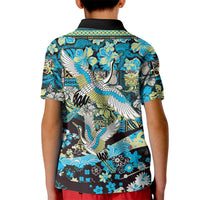 Japanese Hawaiian Crane Kid Polo Shirt Blue Tapa Patchwork Pattern LT9 - Polynesian Pride