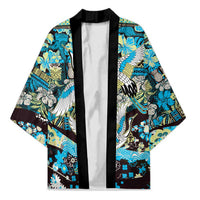 Japanese Hawaiian Crane Kimono Blue Tapa Patchwork Pattern