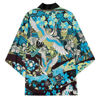 Japanese Hawaiian Crane Kimono Blue Tapa Patchwork Pattern
