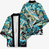 Japanese Hawaiian Crane Kimono Blue Tapa Patchwork Pattern