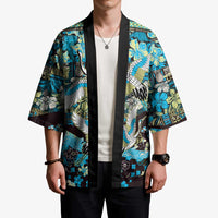 Japanese Hawaiian Crane Kimono Blue Tapa Patchwork Pattern