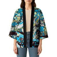 Japanese Hawaiian Crane Kimono Blue Tapa Patchwork Pattern
