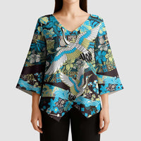 Japanese Hawaiian Crane Kimono Sleeve Blouse Blue Tapa Patchwork Pattern LT9 - Polynesian Pride