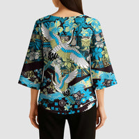 Japanese Hawaiian Crane Kimono Sleeve Blouse Blue Tapa Patchwork Pattern LT9 - Polynesian Pride