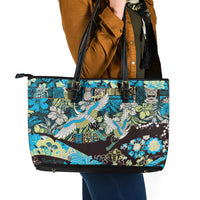 Japanese Hawaiian Crane Leather Tote Bag Blue Tapa Patchwork Pattern LT9 - Polynesian Pride