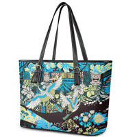 Japanese Hawaiian Crane Leather Tote Bag Blue Tapa Patchwork Pattern LT9 - Polynesian Pride
