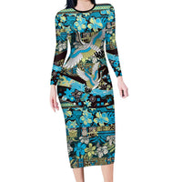 Japanese Hawaiian Crane Long Sleeve Bodycon Dress Blue Tapa Patchwork Pattern LT9 Long Dress Blue - Polynesian Pride