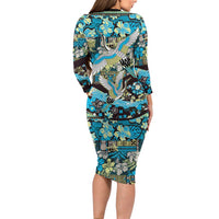 Japanese Hawaiian Crane Long Sleeve Bodycon Dress Blue Tapa Patchwork Pattern LT9 - Polynesian Pride