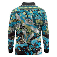 Japanese Hawaiian Crane Long Sleeve Polo Shirt Blue Tapa Patchwork Pattern LT9 - Polynesian Pride