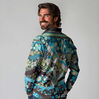 Japanese Hawaiian Crane Long Sleeve Polo Shirt Blue Tapa Patchwork Pattern LT9 - Polynesian Pride