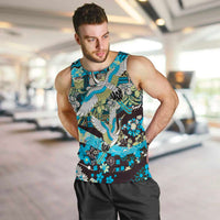 Japanese Hawaiian Crane Men Tank Top Blue Tapa Patchwork Pattern LT9 Blue - Polynesian Pride