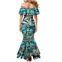 Japanese Hawaiian Crane Mermaid Dress Blue Tapa Patchwork Pattern LT9 - Polynesian Pride