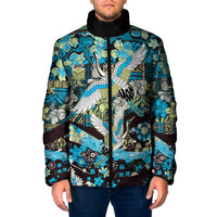 Japanese Hawaiian Crane Padded Jacket Blue Tapa Patchwork Pattern LT9 Men Blue - Polynesian Pride