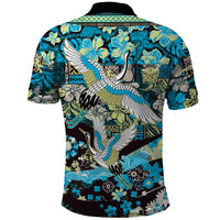 Japanese Hawaiian Crane Polo Shirt Blue Tapa Patchwork Pattern LT9 - Polynesian Pride