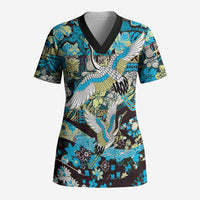 Japanese Hawaiian Crane Scrub Top Blue Tapa Patchwork Pattern LT9 Adult Blue - Polynesian Pride