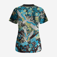 Japanese Hawaiian Crane Scrub Top Blue Tapa Patchwork Pattern LT9 - Polynesian Pride