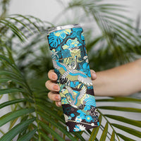 Japanese Hawaiian Crane Skinny Tumbler Blue Tapa Patchwork Pattern LT9 - Polynesian Pride