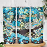 Japanese Hawaiian Crane Skinny Tumbler Blue Tapa Patchwork Pattern LT9 - Polynesian Pride