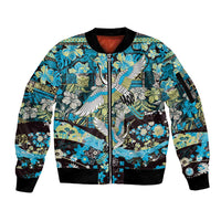 Japanese Hawaiian Crane Sleeve Zip Bomber Jacket Blue Tapa Patchwork Pattern LT9 Unisex Blue - Polynesian Pride