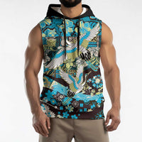 Japanese Hawaiian Crane Sleeveless Hoodie Blue Tapa Patchwork Pattern LT9 - Polynesian Pride